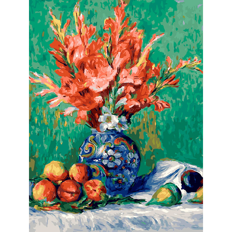 Купить живопись по номерам акрилом Натюрморт с цветами и фруктами —  Белоснежка